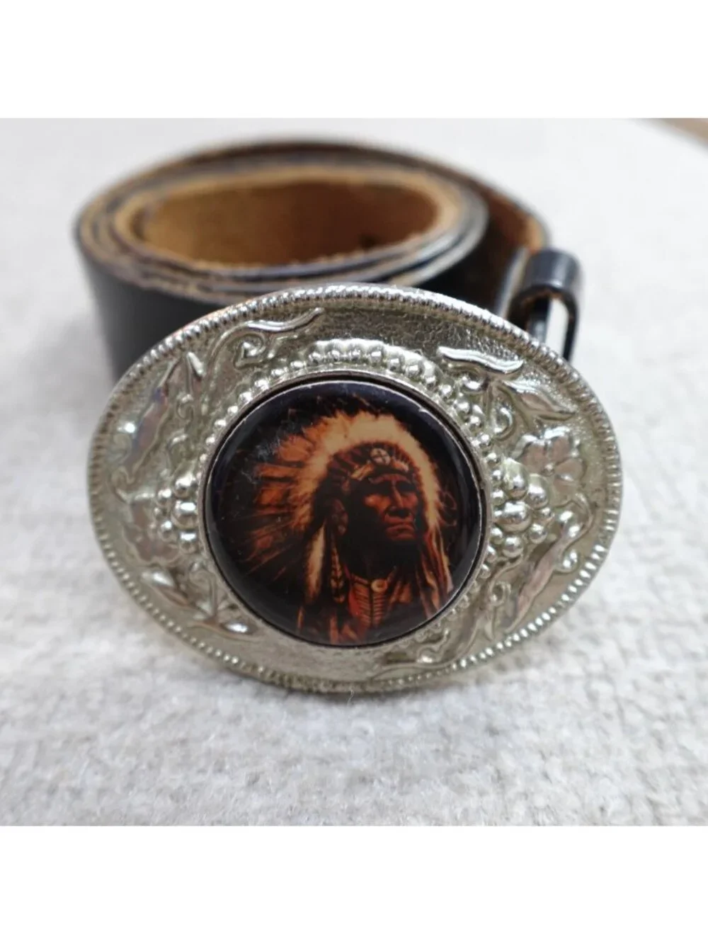 Vintage American Indian Chief Buckle Headdress Full Grain Belt